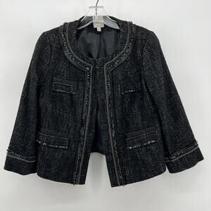 Halogen Black Tweed Cropped Wool Blazer Chain Trim Fringe Women’s Medium VTG
